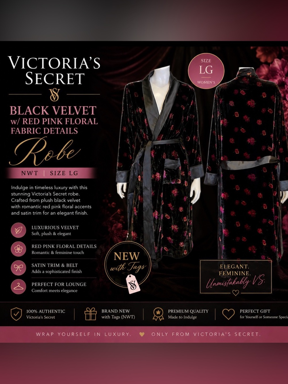 Victoria's Secret Black Velvet w/ Red Pink Floral Fabric Details Robe NWT SZ LG